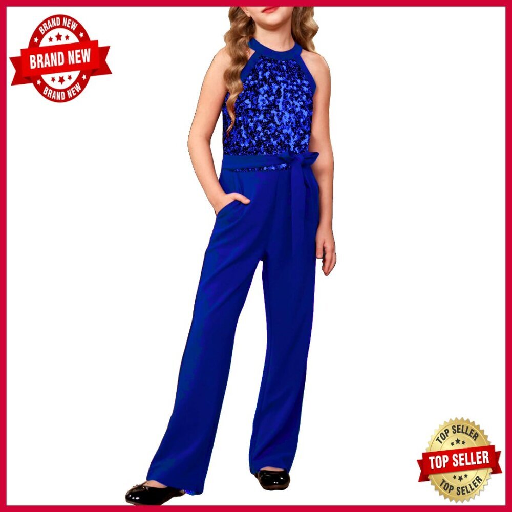 Sequin Halter Jumpsuit Elegant Party Formal Dance Wear Adjustable Belt